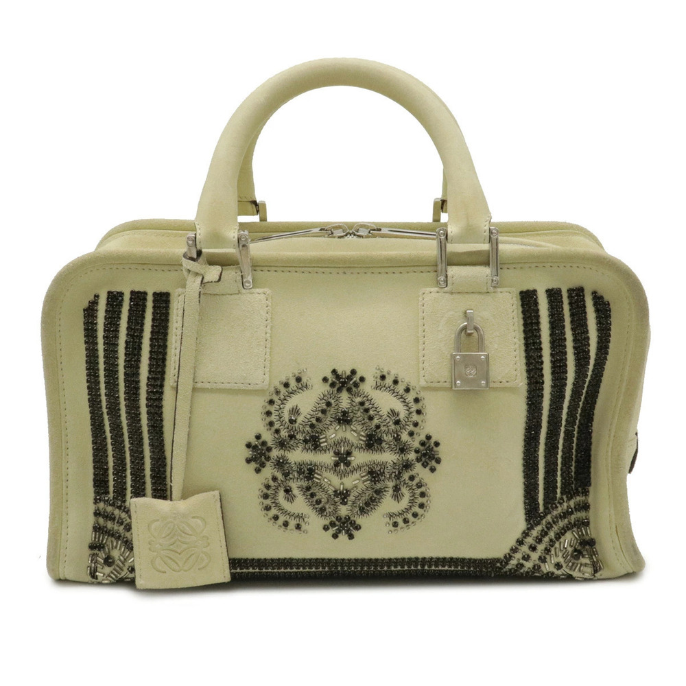 Loewe Amazona Handbag Boston Bag Suede Leather Rhinestones Beige Cream Black
